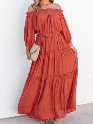 Ruffle Trim Off Shoulder Long Sleeve Maxi Dress Trendsi