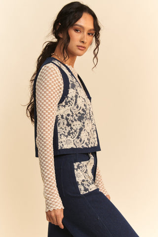 Davi & Dani Lace Patch Open Front Denim Vest Trendsi