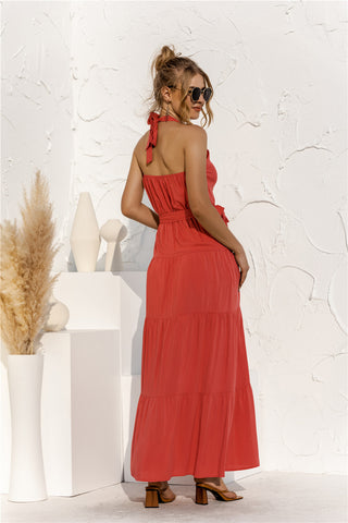 Halter Neck Tie Waist Tiered Maxi Dress Trendsi