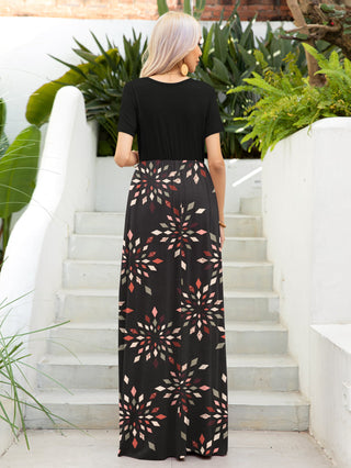 Printed Round Neck Short Sleeve Maxi Dress Trendsi