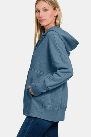 Zenana Half Snap Long Sleeve Hoodie with Kangaroo Pocket Trendsi