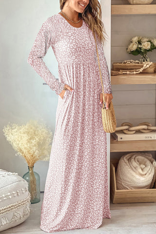 Leopard Round Neck Long Sleeve Maxi Dress Trendsi