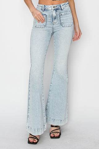 Risen Full Size High Rise Front Patch Pocket Flare Jeans Trendsi