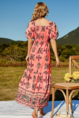 Floral Ruched Puff Sleeve Tiered Maxi Dress Trendsi