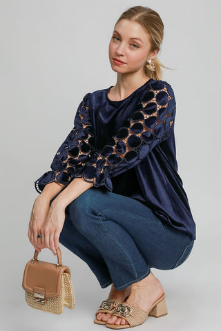 Umgee Polka Dot Lace Long Sleeve Round Neck Blouse Trendsi