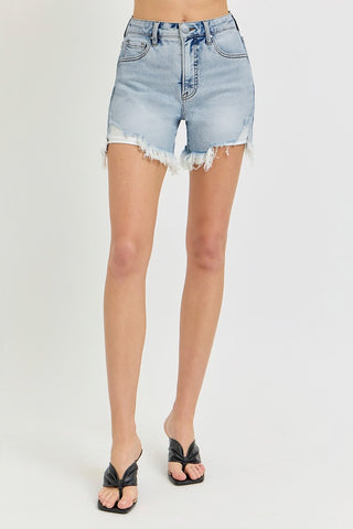 RISEN High Rise Side Step Hem Denim Shorts Trendsi