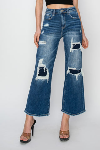 Risen Full Size High Rise Patch Detailed Wide Leg Crop Jeans Trendsi