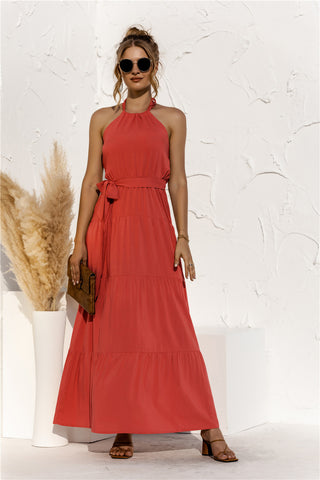 Halter Neck Tie Waist Tiered Maxi Dress Trendsi