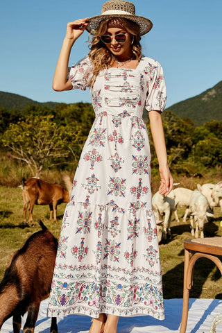 Floral Ruched Puff Sleeve Tiered Maxi Dress Trendsi