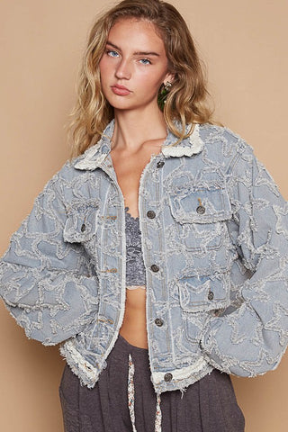 POL Star Textured Raw Hem Long Sleeve Denim Jacket Trendsi