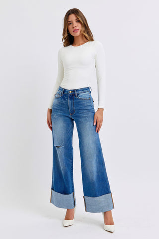 Judy Blue Full Size Distressed High Waist Wide Leg Jeans Trendsi