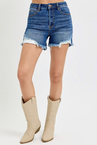 RISEN High Rise Side Step Hem Denim Shorts Trendsi