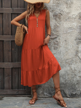 Ivy Lane Decorative Button Notched Sleeveless Dress Trendsi