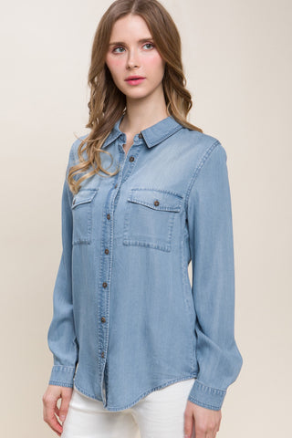 Love Tree Scooped Hem Button Up Denim Shirt Trendsi