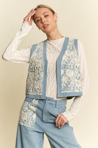 Davi & Dani Lace Patch Open Front Denim Vest Trendsi