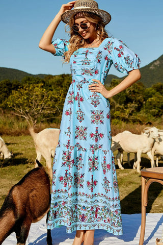 Floral Ruched Puff Sleeve Tiered Maxi Dress Trendsi