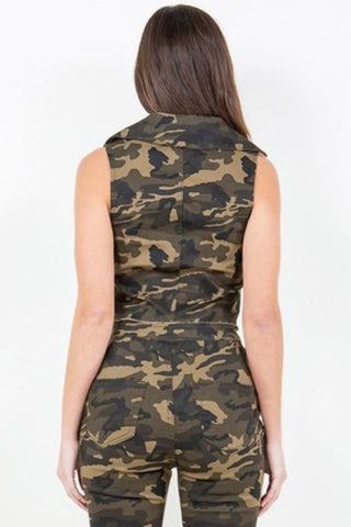 American Bazi Zip Up Camo Crop Denim Vest Trendsi