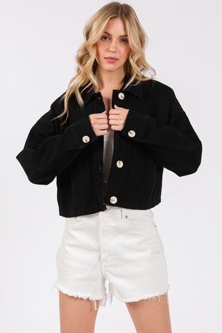 bytos Button Down Cropped Denim Jacket with Patch Pockets Trendsi