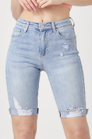 RISEN High Rise Distressed Denim Bermuda Shorts Trendsi