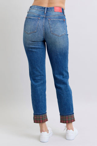 Judy Blue Full Size Plaid Print Cuff Straight Leg Jeans with Pockets Trendsi