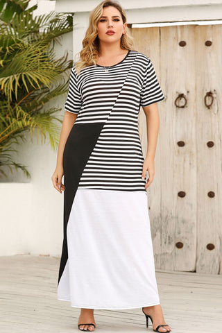 Plus Size Striped Color Block Round Neck Dress Trendsi