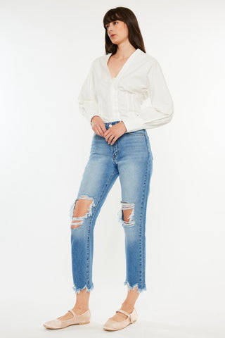 Kancan Distressed Frayed Hem Cropped Jeans Trendsi