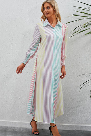 Rainbow Stripe Button-Up Maxi Shirt Dress Trendsi