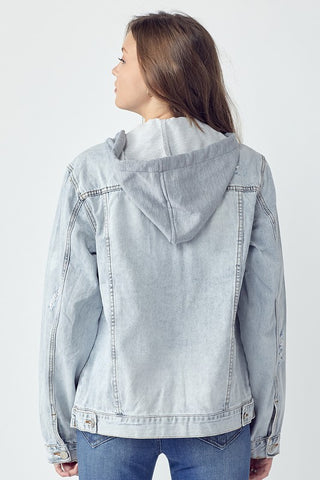 RISEN Full Size Distressed Drawstring Hooded Denim Jacket Trendsi