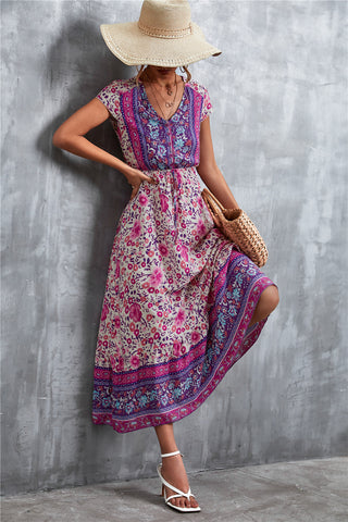 V-Neck Short Sleeve Printed Maxi Dress Trendsi