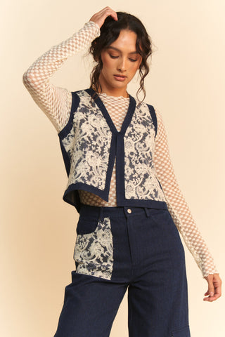 Davi & Dani Lace Patch Open Front Denim Vest Trendsi