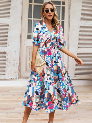 Ruched Printed Surplice Short Sleeve Dress Trendsi