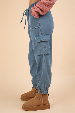 VERY J Washed Drawstring Jogger Cargo Jeans Trendsi