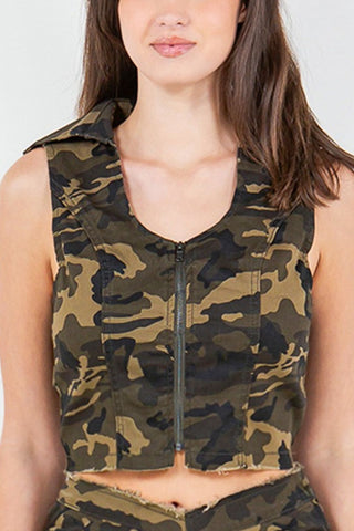 American Bazi Zip Up Camo Crop Denim Vest Trendsi