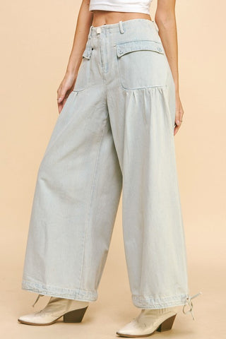 Davi & Dani Drawstring Hem Wide Leg Mid Rise Jeans Trendsi