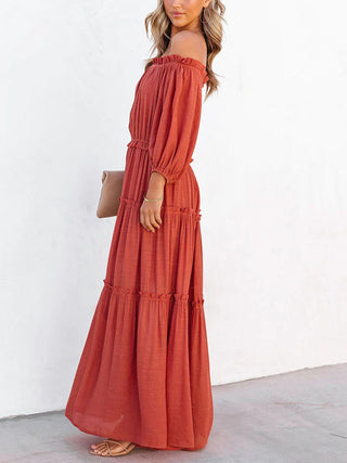 Ruffle Trim Off Shoulder Long Sleeve Maxi Dress Trendsi