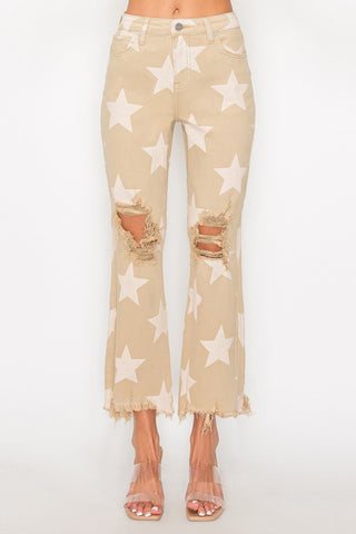 RISEN Full Size High Rise Star Printed Frayed Hem Jeans Trendsi