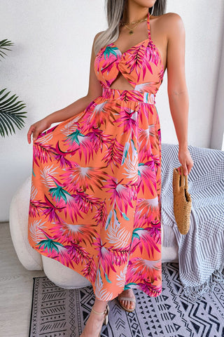 Botanical Print Tied Backless Cutout Slit Dress Trendsi