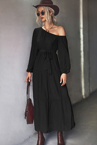 Belted One-Shoulder Tiered Maxi Dress Trendsi