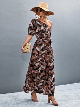 Printed Tie Waist One Shoulder Maxi Dress Trendsi