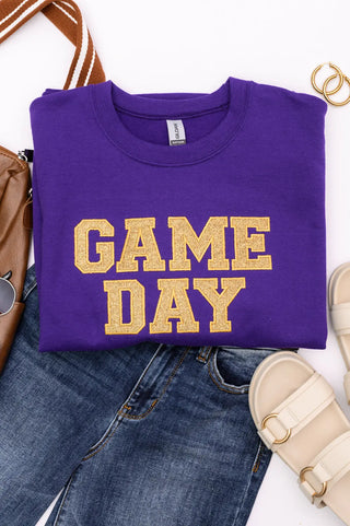 PREORDER: Embroidered Glitter Game Day Sweatshirt in Purple/Old Gold Ave Shops