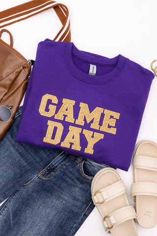 PREORDER: Embroidered Glitter Game Day Sweatshirt in Purple/Old Gold Ave Shops