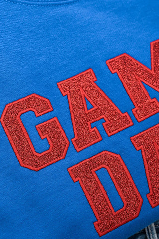 PREORDER: Embroidered Glitter Game Day Sweatshirt in Royal Blue/Red Ave Shops