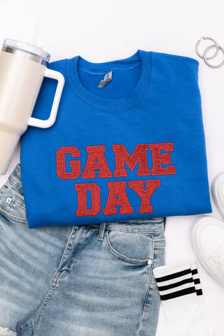 PREORDER: Embroidered Glitter Game Day Sweatshirt in Royal Blue/Red Ave Shops