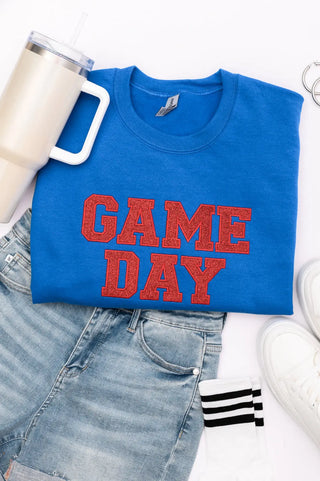 PREORDER: Embroidered Glitter Game Day Sweatshirt in Royal Blue/Red Ave Shops