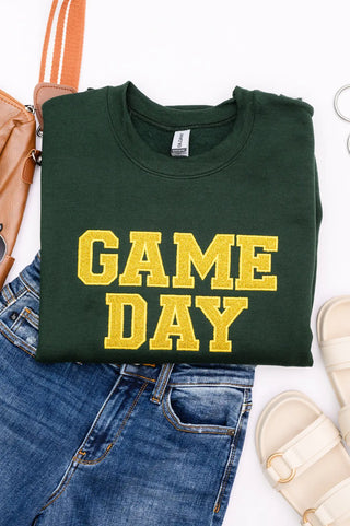 PREORDER: Embroidered Glitter Game Day Sweatshirt in Forest Green/Golden Yellow Ave Shops