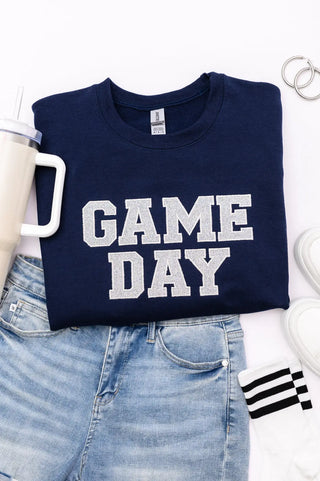 PREORDER: Embroidered Glitter Game Day Sweatshirt in Navy/Silver Ave Shops