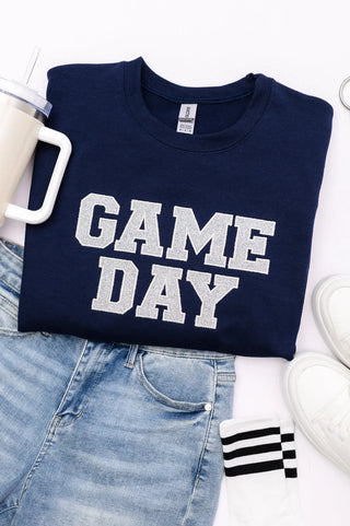 PREORDER: Embroidered Glitter Game Day Sweatshirt in Navy/Silver Ave Shops