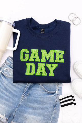 PREORDER: Embroidered Glitter Game Day Sweatshirt in Navy/Green Ave Shops