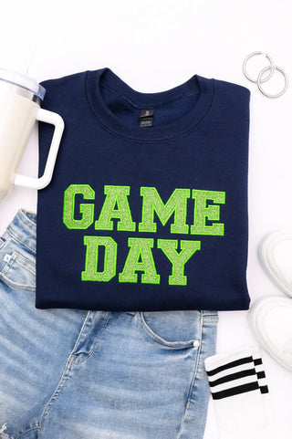 PREORDER: Embroidered Glitter Game Day Sweatshirt in Navy/Green Ave Shops