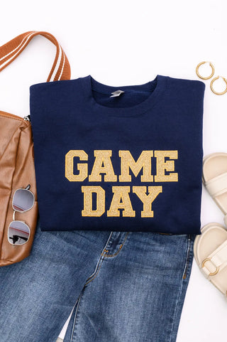 PREORDER: Embroidered Glitter Game Day Sweatshirt in Navy/Old Gold Ave Shops